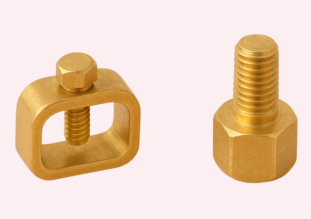 Brass Earthing Clamps and Studs for Electrical Grounding Systems, High Strength Corrosion-Resistant Earthing Accessories for Industrial, Construction, and Power Installations